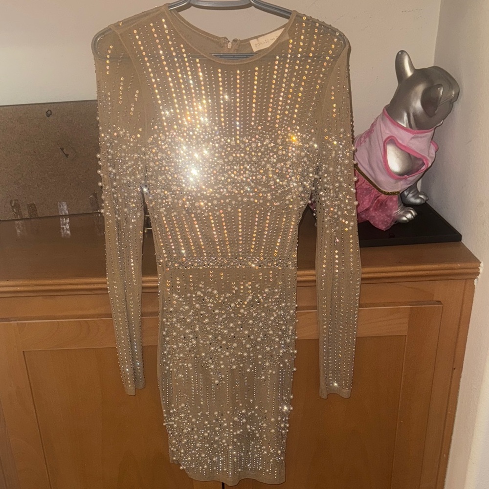 Rhinestone pearl beaded mesh body con dress